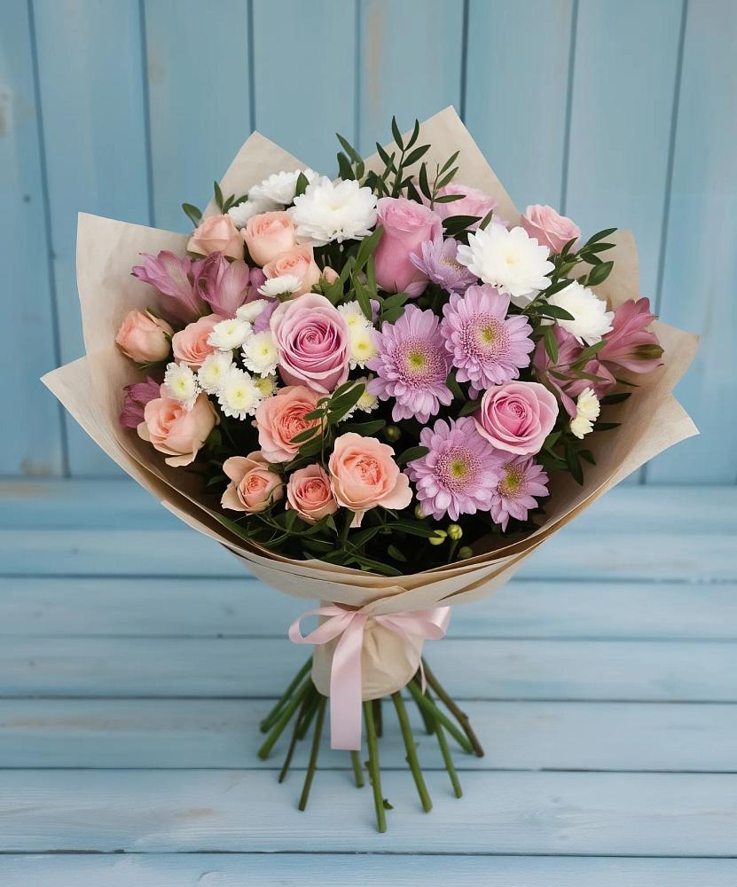 Букет цветов из: Хризантемы, Розы и Альстромерии в Кармаскалы