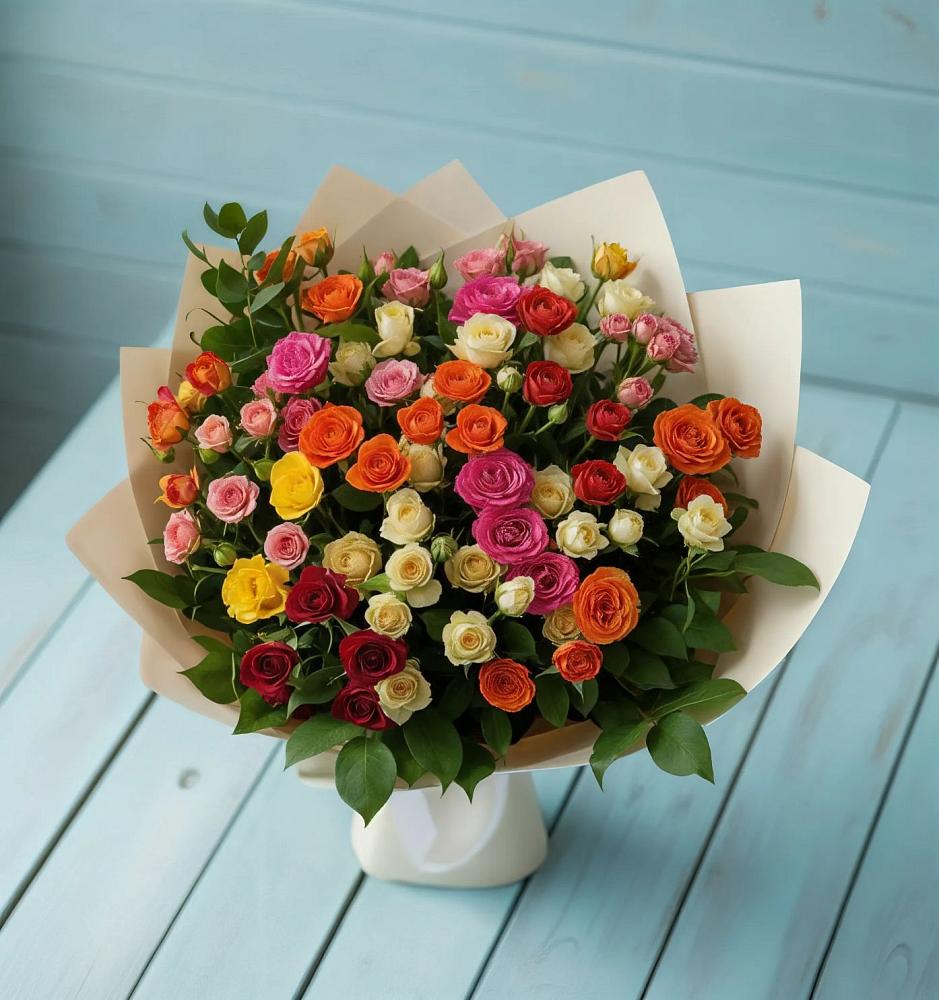 Букет Микс из разноцветных кустовых роз в Кармаскалы