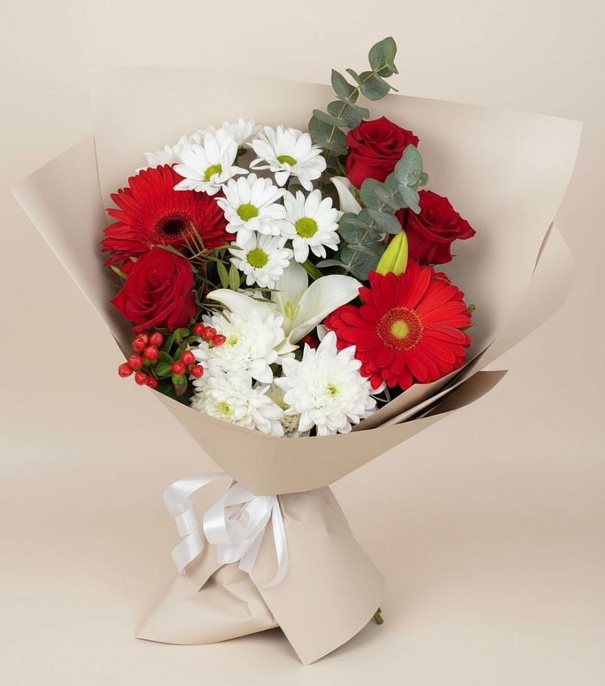 Букет цветов из: Розы, Хризантемы, Герберы и Лилии в Кармаскалы