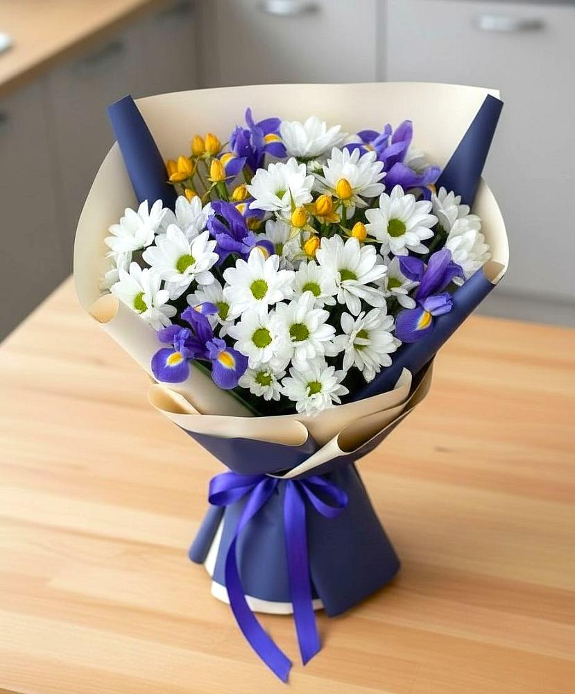 Букет цветов из: Розы, Ирисы и Хризантемы в Кармаскалы