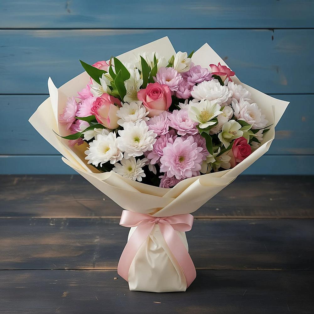 Букет цветов из: Хризантемы, Альстромерии и Розы в Кармаскалы